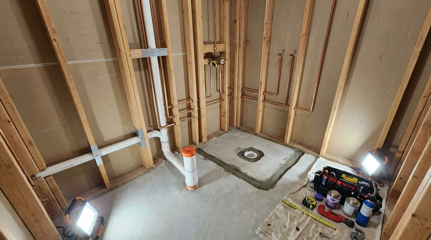 Bathroom rough-in plumbing during remodel by Johns Plumbing LLC in West Terre Haute