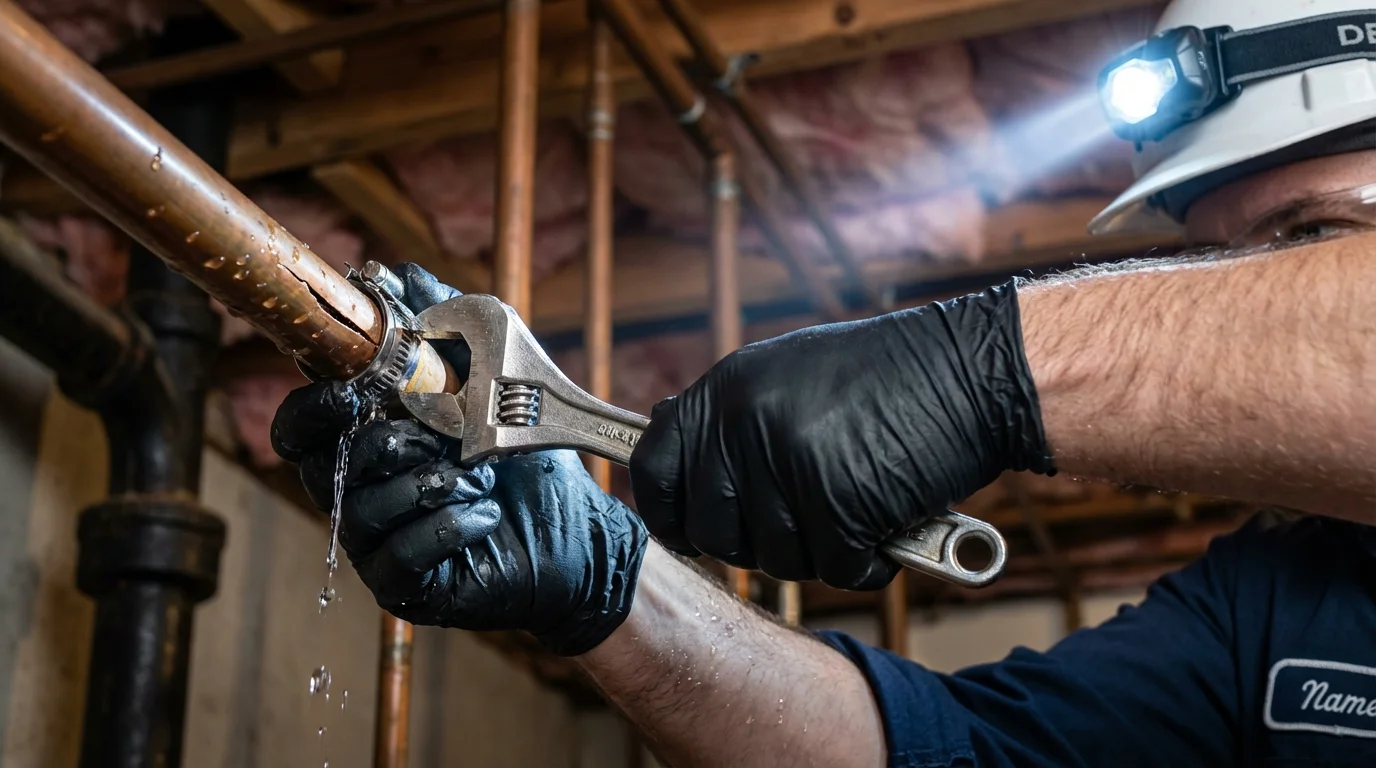 Emergency pipe clamp repair being performed by a Johns Plumbing LLC plumber in West Terre Haute
