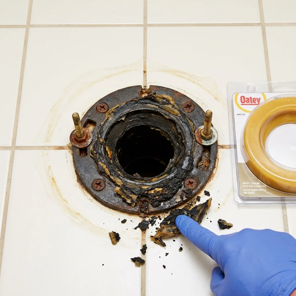 Failed wax ring showing water seepage at the base of a toilet in a West Terre Haute, IN home