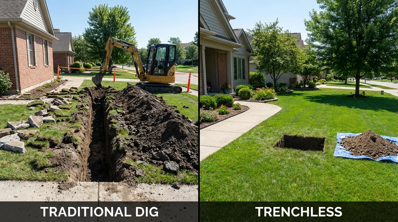 Trenchless sewer repair with minimal yard damage versus traditional excavation in West Terre Haute, IN