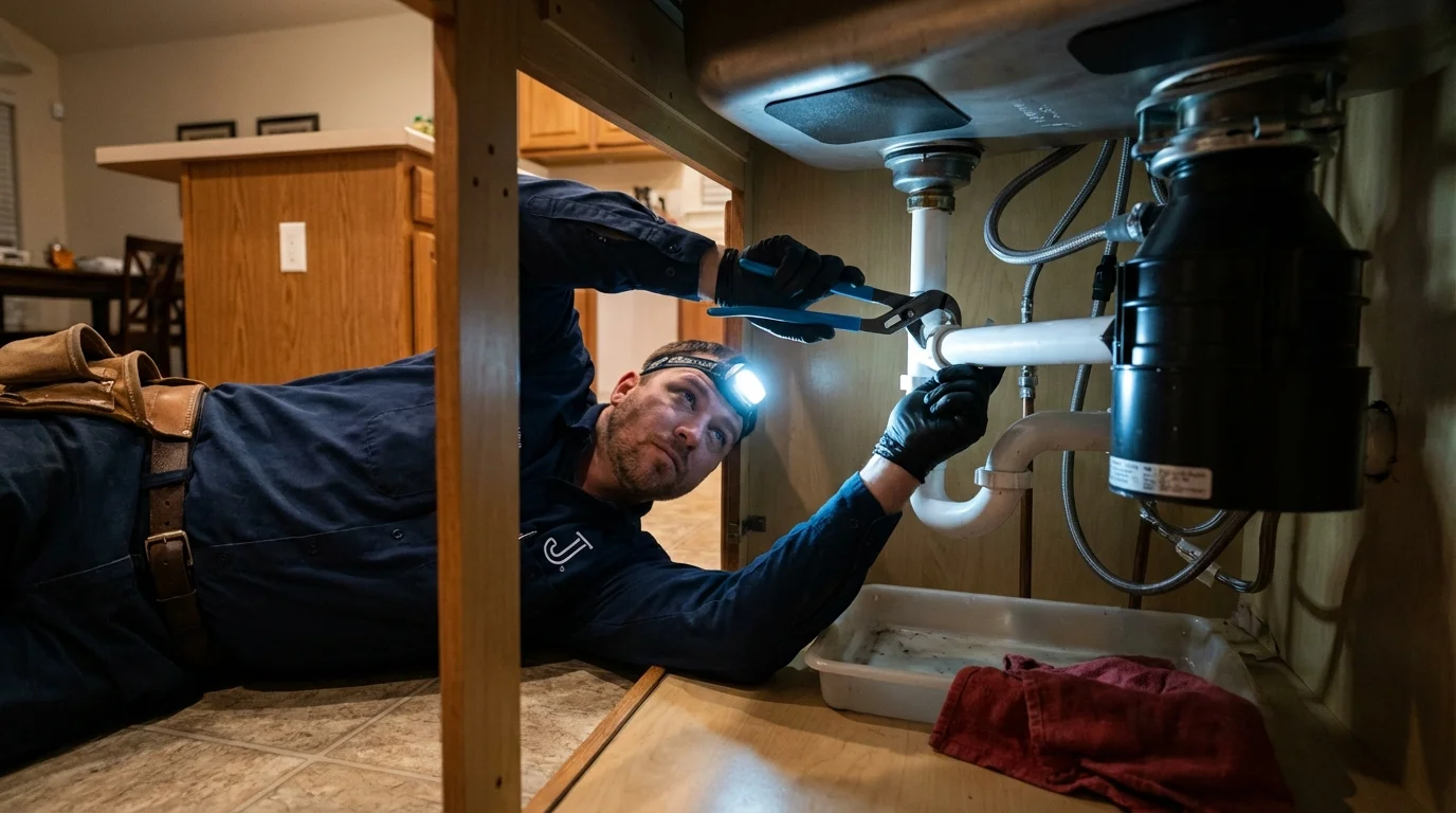 P-trap and supply line connections under a kitchen sink showing a common leak point in West Terre Haute, IN